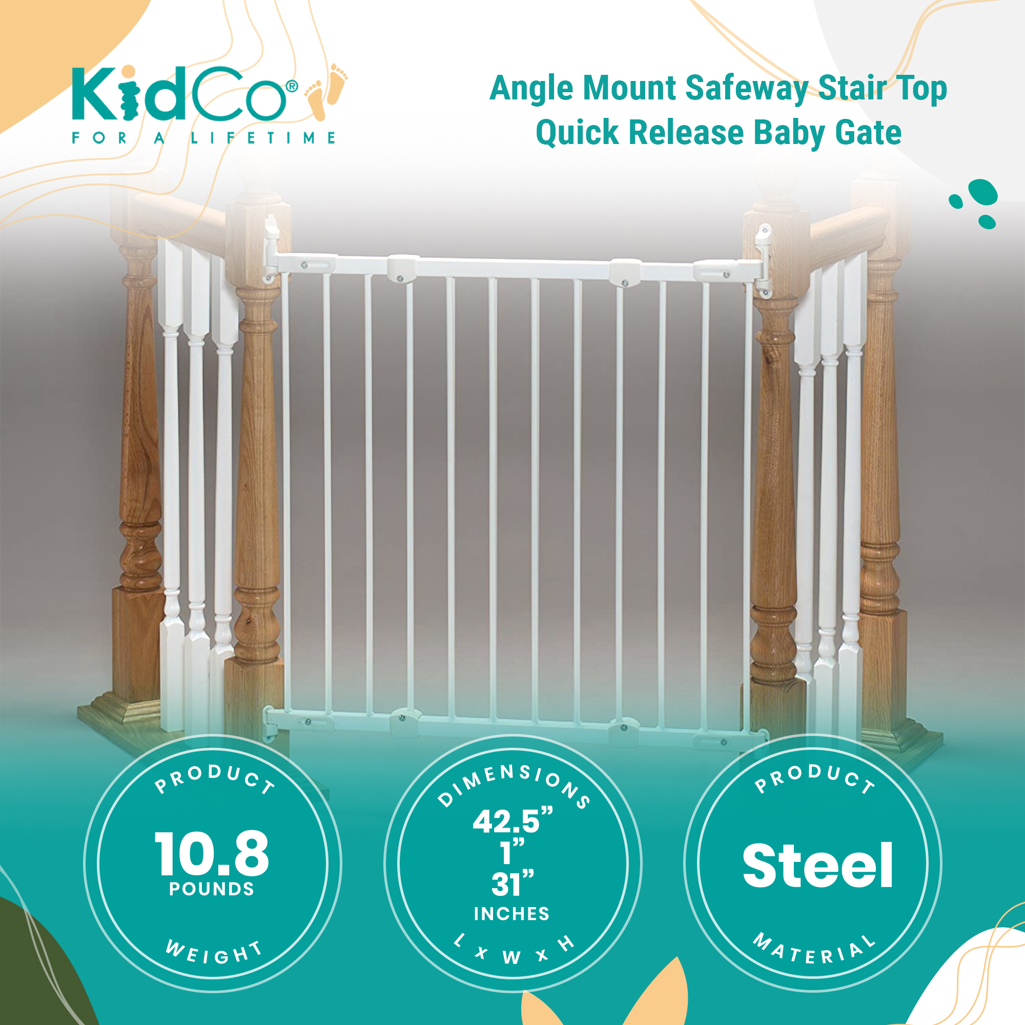 KidCo Angle Mount Safeway Stair Top Quick Release Baby Gate, 42.5